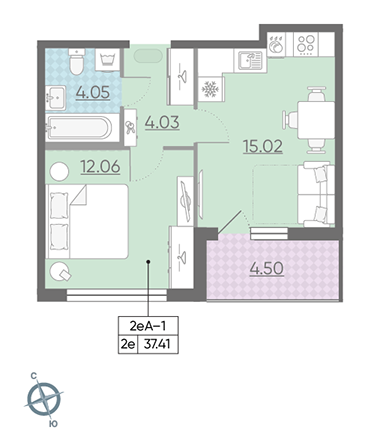 Однокомнатная квартира 37.41 м²