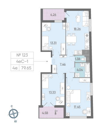Трёхкомнатная квартира 79.65 м²