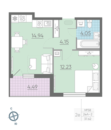 Однокомнатная квартира 37.62 м²
