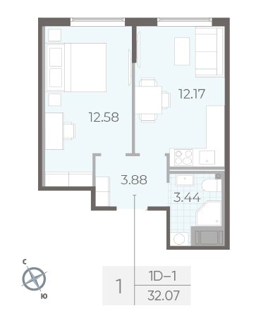 Однокомнатная квартира 32.07 м²