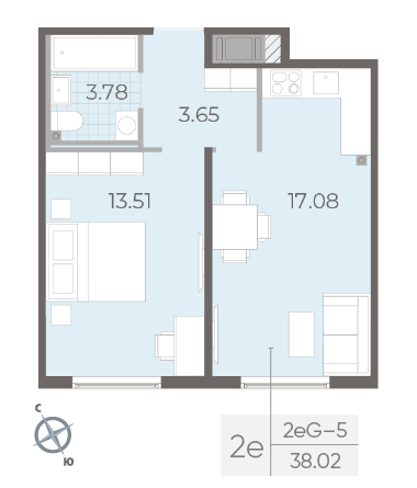 Однокомнатная квартира 38.02 м²