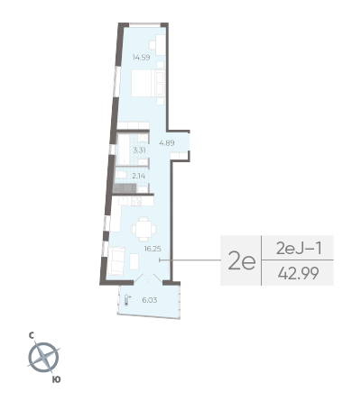 Однокомнатная квартира 42.99 м²