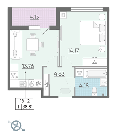 Однокомнатная квартира 38.81 м²