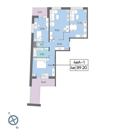Трёхкомнатная квартира 92.18 м²