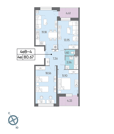 Трёхкомнатная квартира 80.67 м²