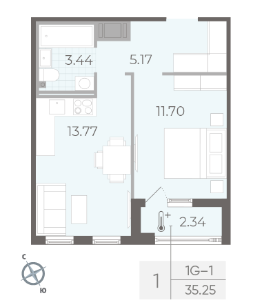 Однокомнатная квартира 35.25 м²