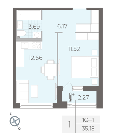 Однокомнатная квартира 35.18 м²