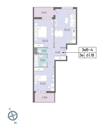 Двухкомнатная квартира 61.18 м²