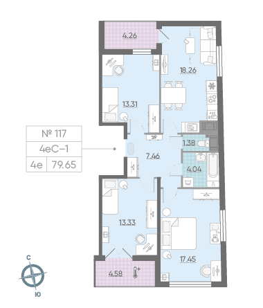 Трёхкомнатная квартира 79.65 м²