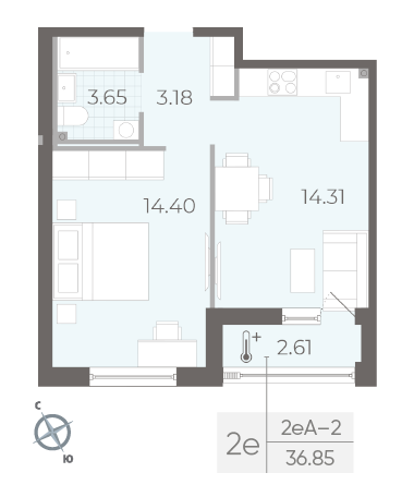 Однокомнатная квартира 36.85 м²
