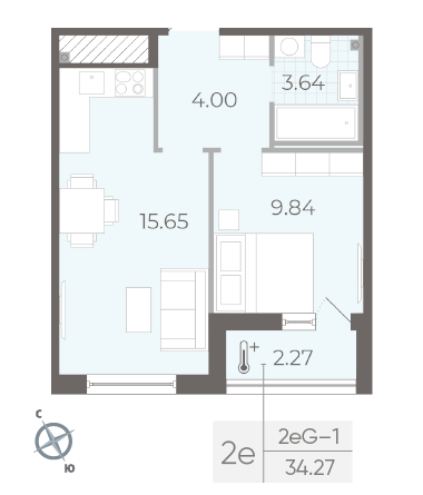 Однокомнатная квартира 34.27 м²