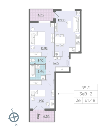 Двухкомнатная квартира 61.48 м²