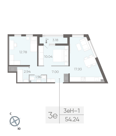 Двухкомнатная квартира 54.24 м²