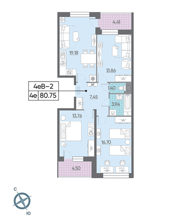 Трёхкомнатная квартира 80.75 м²
