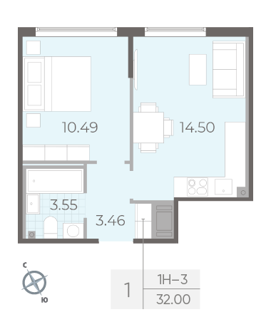Однокомнатная квартира 32 м²
