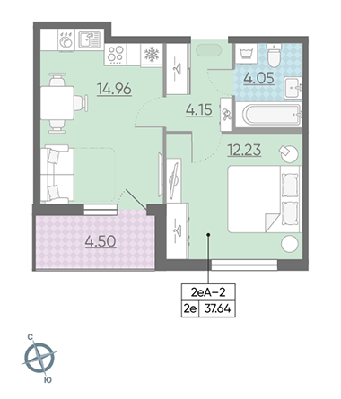 Однокомнатная квартира 37.64 м²