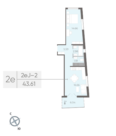 Однокомнатная квартира 43.61 м²