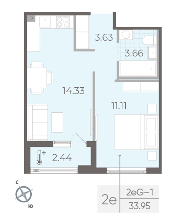 Однокомнатная квартира 33.95 м²