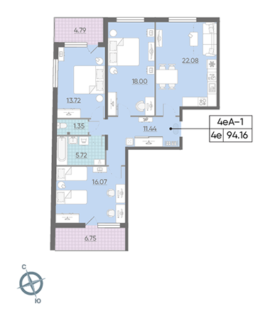 Трёхкомнатная квартира 94.16 м²