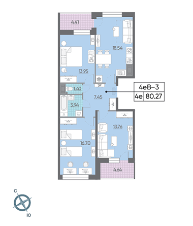 Трёхкомнатная квартира 80.27 м²