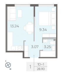 Однокомнатная квартира 28.9 м²