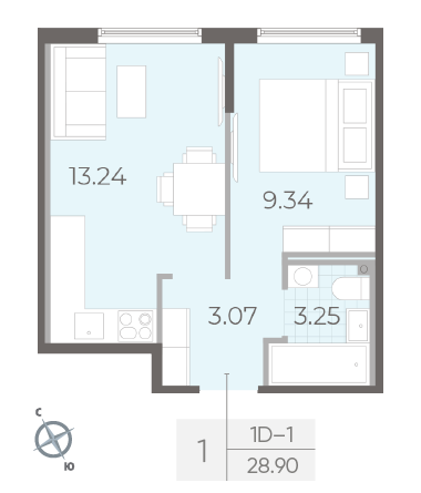 Однокомнатная квартира 28.9 м²