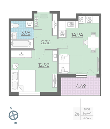 Однокомнатная квартира 39.43 м²