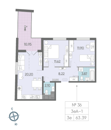 Двухкомнатная квартира 63.39 м²