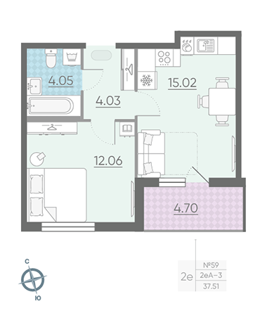 Однокомнатная квартира 37.51 м²