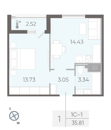 Однокомнатная квартира 35.81 м²