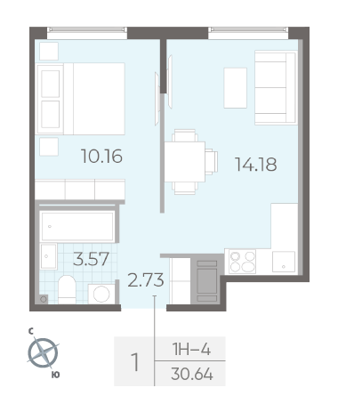 Однокомнатная квартира 30.64 м²