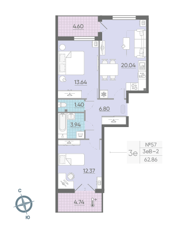 Двухкомнатная квартира 62.86 м²