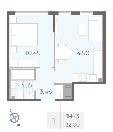 Однокомнатная квартира 32 м²