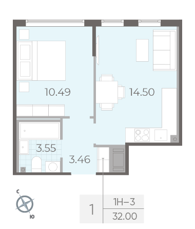 Однокомнатная квартира 32 м²