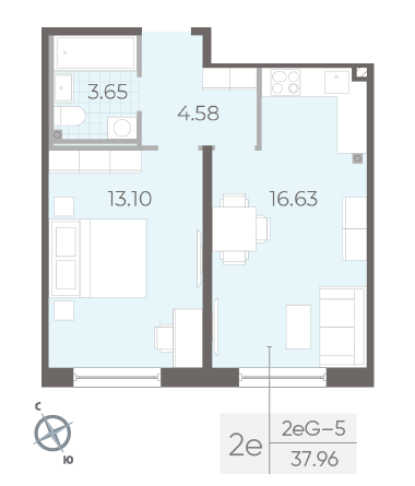 Однокомнатная квартира 37.96 м²