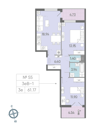 Двухкомнатная квартира 61.17 м²