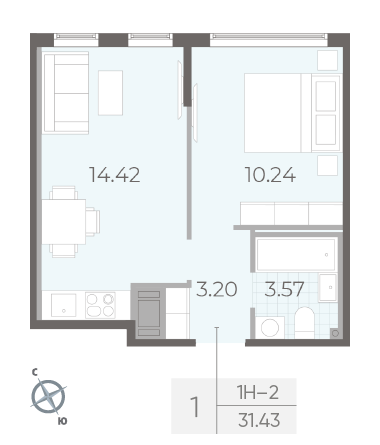 Однокомнатная квартира 31.43 м²