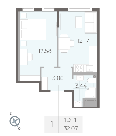 Однокомнатная квартира 32.07 м²