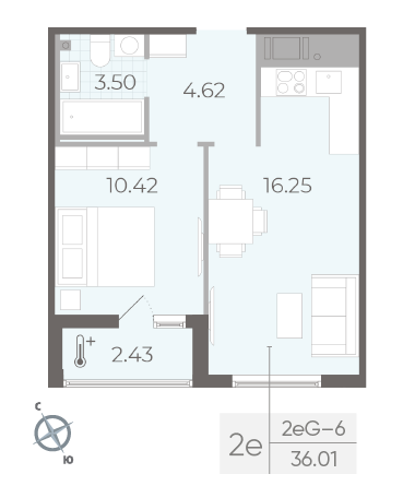 Однокомнатная квартира 36.01 м²