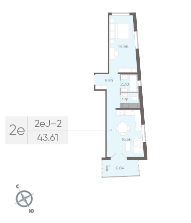 Однокомнатная квартира 43.61 м²
