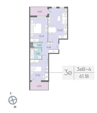 Двухкомнатная квартира 61.18 м²