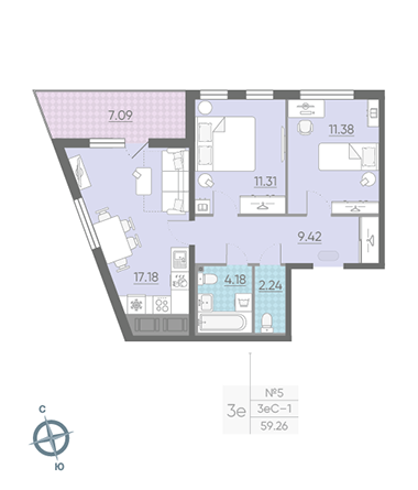 Двухкомнатная квартира 59.26 м²
