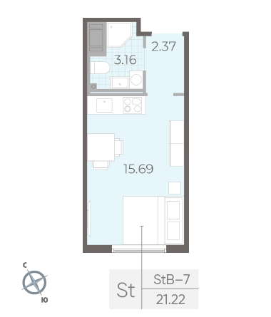 Студия 21.22 м²