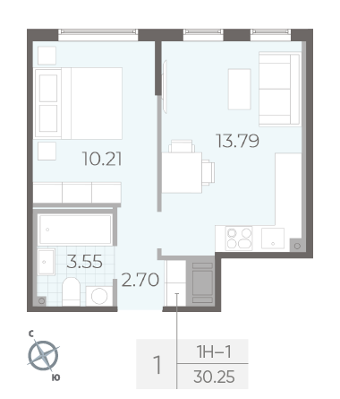 Однокомнатная квартира 30.25 м²