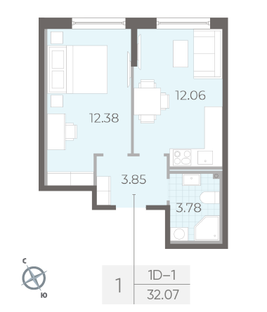 Однокомнатная квартира 32.07 м²