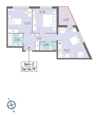 Двухкомнатная квартира 56.79 м²
