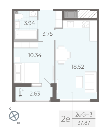 Однокомнатная квартира 37.87 м²