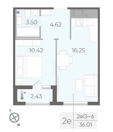 Однокомнатная квартира 36.01 м²
