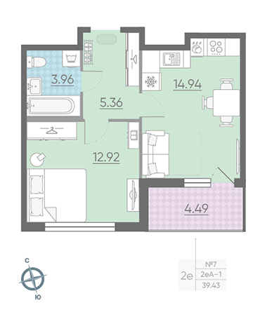 Однокомнатная квартира 39.43 м²