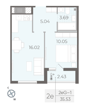 Однокомнатная квартира 35.53 м²